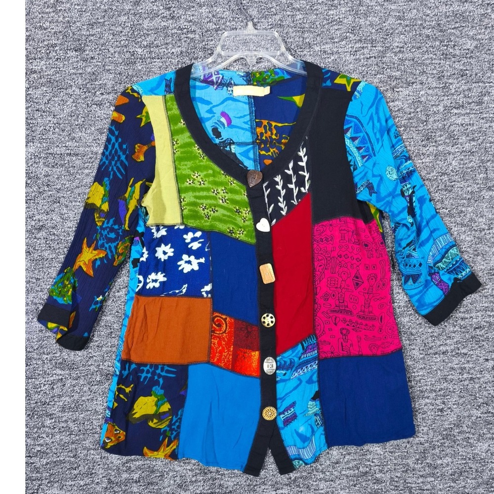 La Cera Womens Patchwork Rayon Button Front Blouse 3/4 Sleeve Multi Color Medium